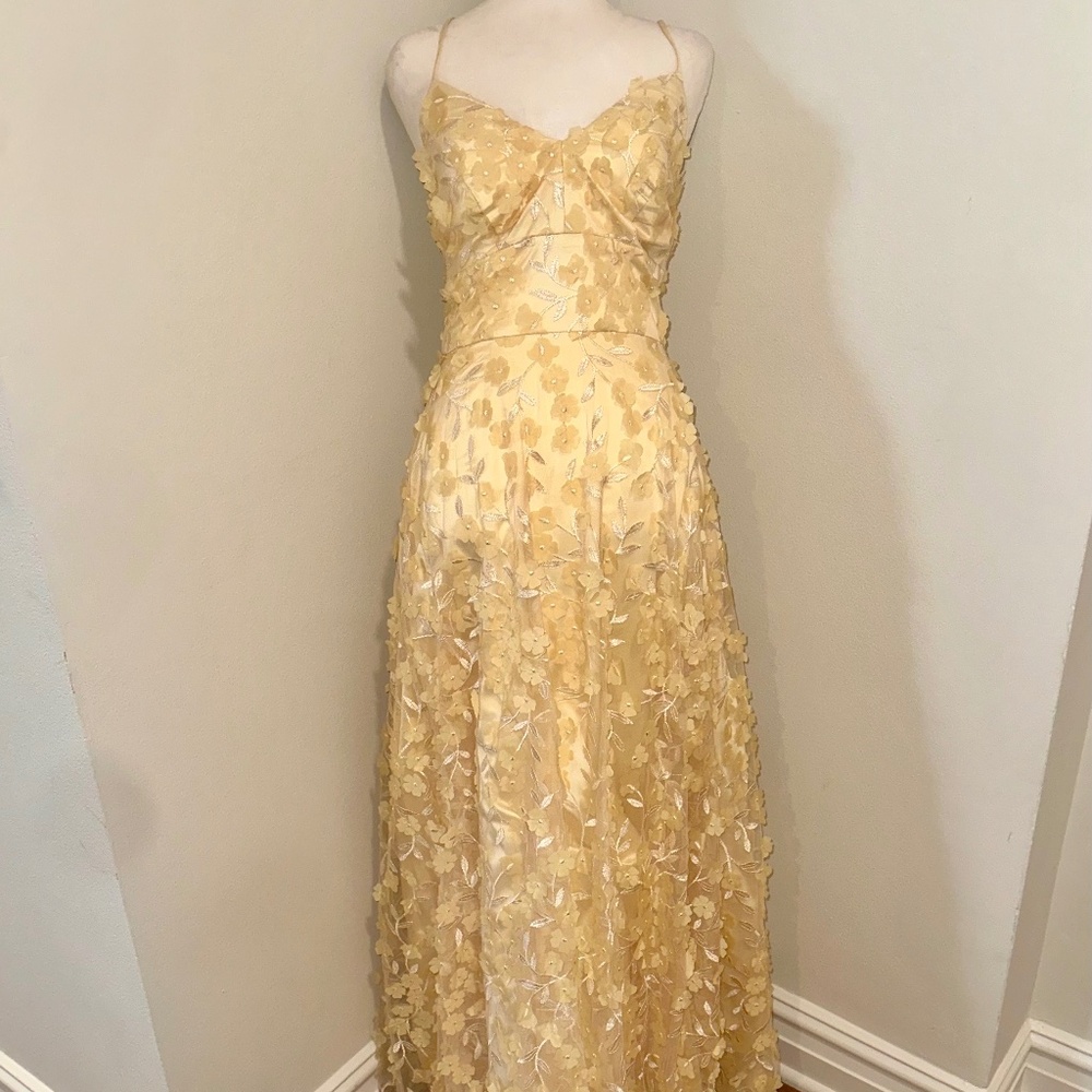 Gorgeous Yellow Eliza J Long Gown  with floral Appliqué Size 6